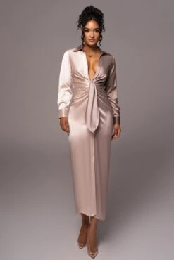 Taupe Color Block Satin Midi Dress -Jluxlabel Sale Store PRODUCT JUL112023 NEWARRIVALS 155