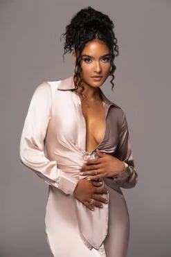 Taupe Color Block Satin Midi Dress -Jluxlabel Sale Store PRODUCT JUL112023 NEWARRIVALS 161