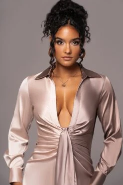 Taupe Color Block Satin Midi Dress -Jluxlabel Sale Store PRODUCT JUL112023 NEWARRIVALS 163