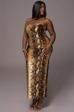 Gold Bianca Snakeskin Slit Dress -Jluxlabel Sale Store PRODUCT MAY112023 64