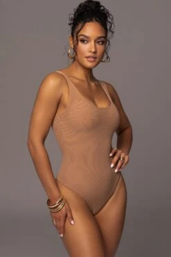 Tan Mesh Essential Tank Bodysuit Undergarment -Jluxlabel Sale Store PRODUCT MAY172023 94