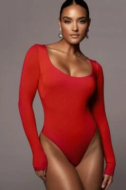 Jluxbasix Red Bethie Scoop Long Sleeve Bodysuit -Jluxlabel Sale Store PRODUCT NOV42020 829 2