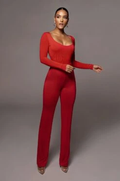 Jluxbasix Red Bethie Scoop Long Sleeve Bodysuit -Jluxlabel Sale Store PRODUCT NOV42020 893